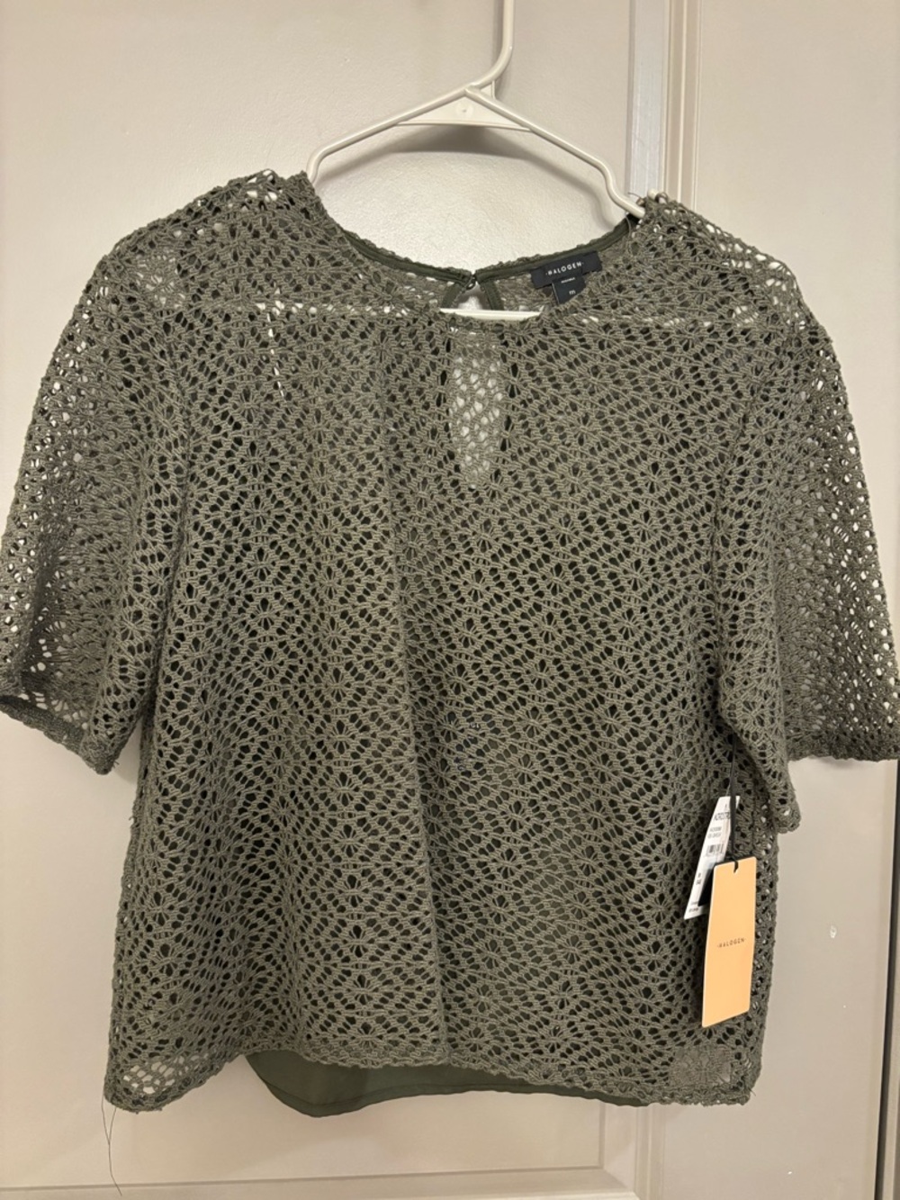 Halogen Olive Crochet Short-Sleeve Blouse